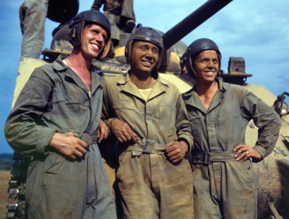Colour photograph of M-4 tank crew of the United States