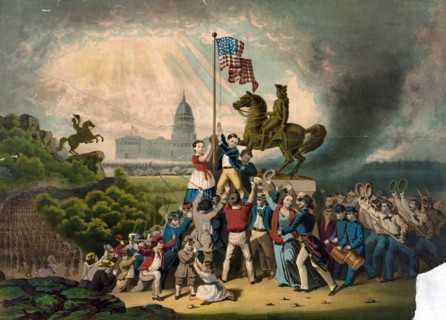 Engraving of a painting titled 'Raising the Flag'