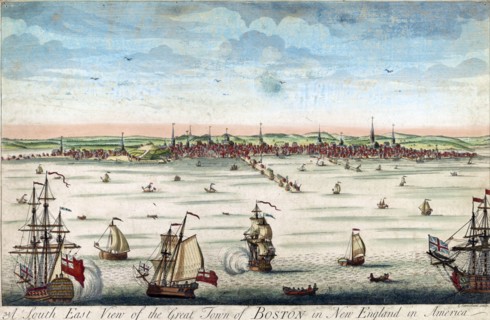 Colour print of a view of Boston from the harbour, with ships in the foreground