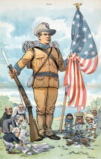 American soldier holding a rifle and the American flag