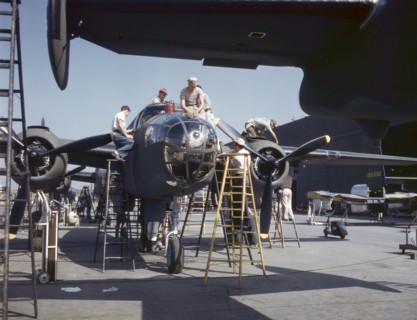 Hand coloured photograph of the construction of B-25 Mitchell Bomber 1942