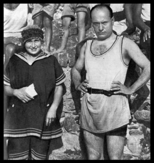 Benito Mussolini (1883 â€ì 28 April 1945) Italian politician, with his wife at the beach circa 1929