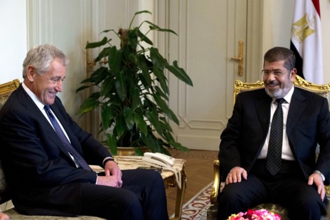 Chuck Hagel US Defence Secretary, meets with Egyptian President Mohamed Morsi