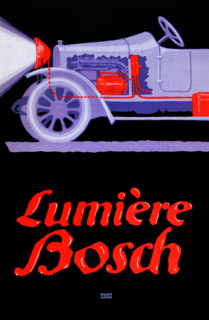 Advertising poster for Bosch lighting showing a car headlight 1913
