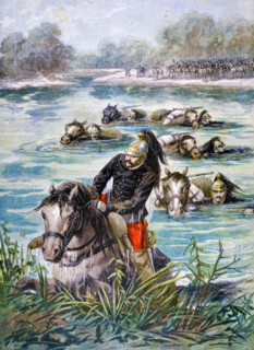 French army cavalry and troops pass through a river during manoeuvres in 1896