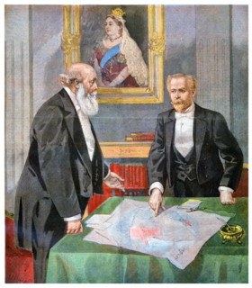 Underneath a portrait of Queen Victoria, Lord Salisbury