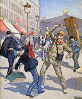 Illustration showing anti-English sentiments as an English traveller attacks a French Bellboy in Paris