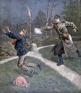 Illustration showing a French boy shot in the night on the France-Germany border, by a Prussian police officer 1900