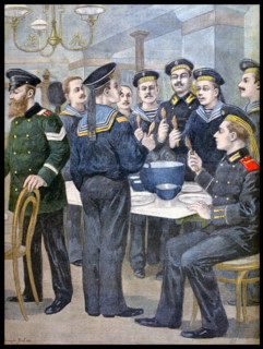 Illustration showing a Russian sailors eating while on shore leave in France 1900