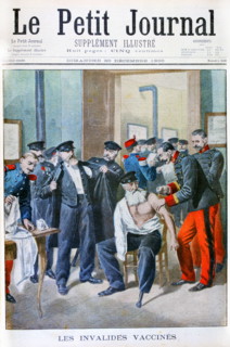 Illustration showing the vaccination of soldiers and public service workers, against the Pox