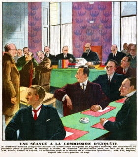 Magazine illustration showing a session of the commission of inquiry into the Stavisky Affair, Paris, France 1934