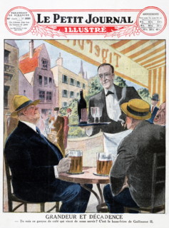 Illustration of men drinking German beer at a Paris street café from a 1903 issue of 'Le Petit Journal