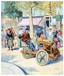 Illustration depicting French street scene with early automobile