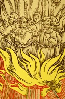 Engraving depicting the persecution by burning of Protestant Martyrs in England during the rule of the Catholic Queen Mary Tudor