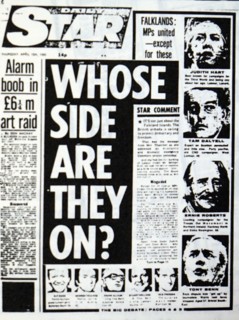 Front page of the Daily Star reporting on Falklands War