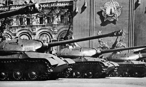 Photograph taken during Moscow's May Day Parade showing heavy tanks, representing their armed might