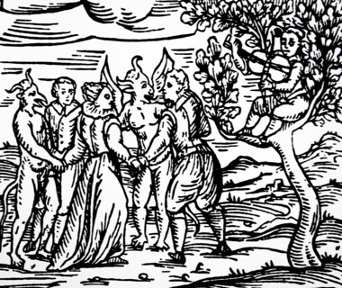 Woodcut print depicting practitioners of witchcraft dancing with demons