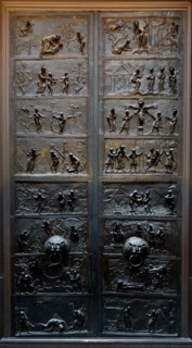 Bronze doors depicting the stories from the bible which were made at the order of St Bernward, Bishop of Hildesheim