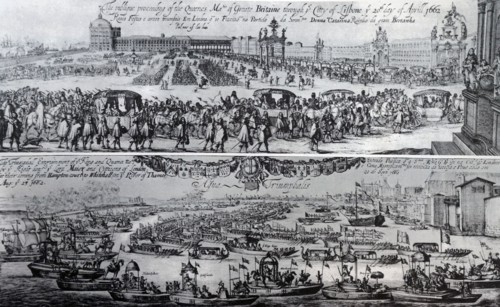 Engraving depicting the departure from Lisbon and her arrival of Queen Catherine of Aragon