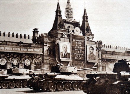 Photograph taken during Moscow's May Day Parade showing heavy tanks, representing their armed might