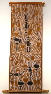 Bark painting depicting the story of the hunters of the Wulu-Wulk and the Munapa
