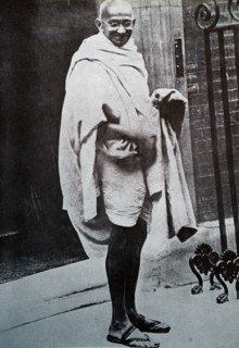 Mahatma Gandhi at number 10, Downing Street, London after a meeting with the British Prime Minister, Ramsay Macdonald