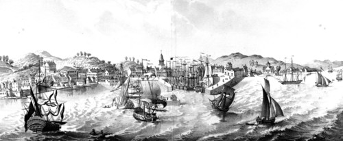 Engraving depicting Greenock, Scotland, during the 18th Century