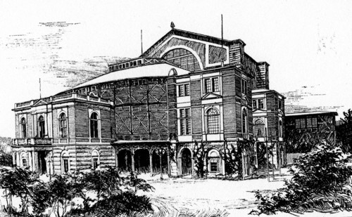 The exterior of the Bayreuth Festspielhaus, an opera house in Bayreuth, Germany
