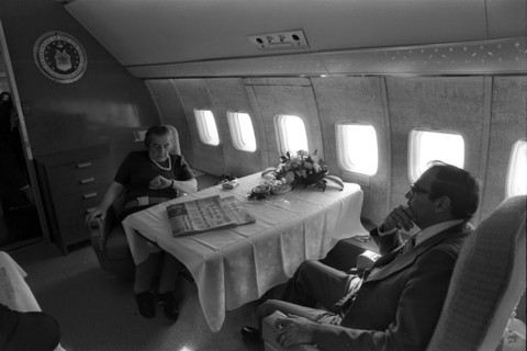 Israeli Prime Minister Golda Meir, with her ambassador to the USA, Simcha Dinitz, flying on board a US Government plane, to meet president Nixon 1972