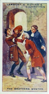 Lambert & Butler, Pirates & Highwaymen, cigarette card showing: the Brothers Joseph and George Weston attacking a man in London