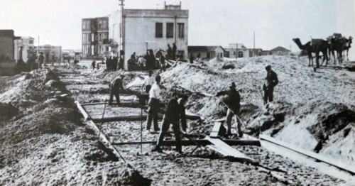 Early Jewish settlers building tram lines in Tel Aviv, Palestine