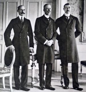 Their Majesties King Haakon VII of Norway, King Gustav V of Sweden, and King Christian X of Denmark, meeting in Stockholm, Sweden circa 1923