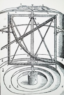 Diagram of a large metal quadrant sunk into the ground and with a protective wind shield, which was designed and used by Tycho Brahe