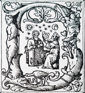 An initial letter depicting Ptolemy observing the sky and making measurements using a quadrant