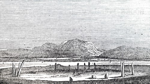 Engraving depicting the Standing Stones of Stenness, a Neolithic monument