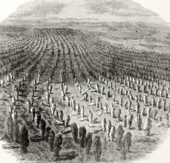 Engraving depicting the Carnac stones, a collection of megalithic sites around the village of Carnac in Brittany, consisting of alignments, dolmens, tumuli and single menhirs