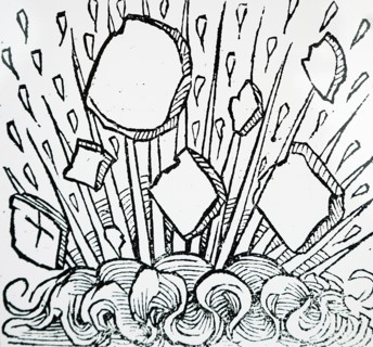 Engraving depicting a fire seen in the night sky over Italy during the 6th Century from the from the Nuremburg Chronicle by Hartmann Schedel