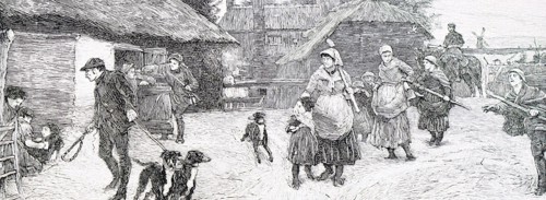 Female agricultural workers gathering on a Fenland farm preparing to begin the day's work