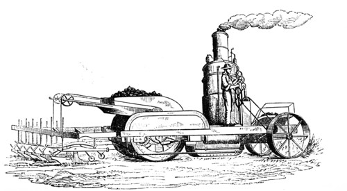 Engraving depicting a steam plough used in the Prairie States of the United States