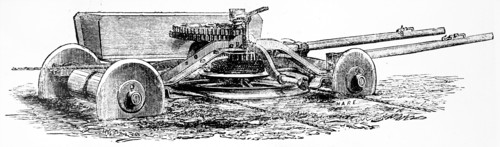 Engraving depicting a self-moving anchor for use in mechanical ploughing with steam engine at one side of field and anchor at the other