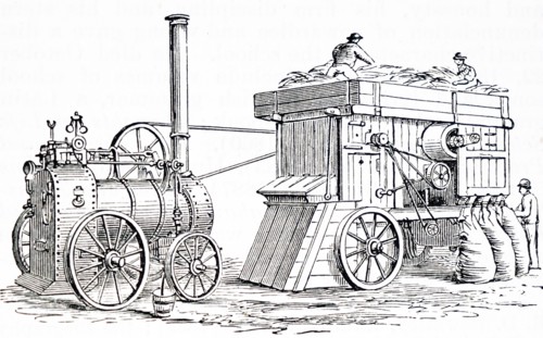 Engraving depicting a threshing and winnowing machine by Barrows and Stewart from Banbury