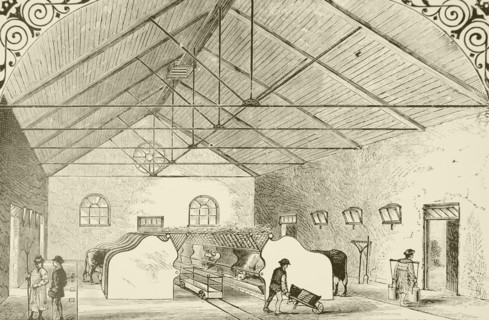 An improved cow shed with metal and ceramic fittings which could be kept clean more easily than wooden ones