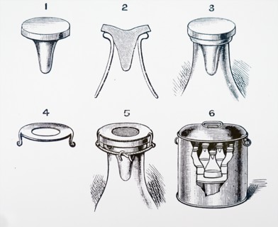 Various views of a rubber stopper for hermetically sealing sterilised bottles, together kettle for sterilising