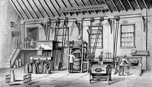 A model butter factory, where the machinery was powered by a steam engine through belt and shaft drive