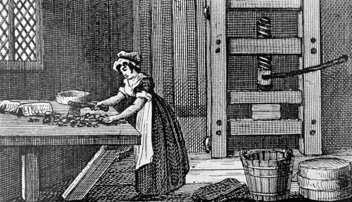 Engraving depicting the cutting up of curds to make Cheshire cheese