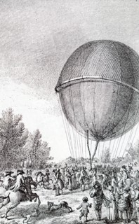 Crowds gathered, in the Champs de Mars, to watch the landing of the first successful hydrogen filled balloon
