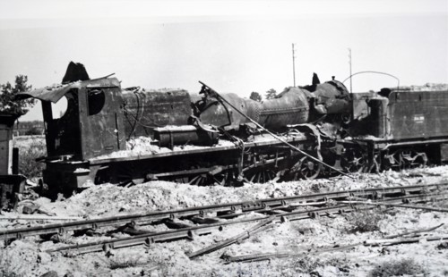 Photograph showing the wreckage of a train at Trappes, in the western suburbs of Paris, in the south-western suburbs of Paris , during the liberation of France from German occupation in the summer of ...