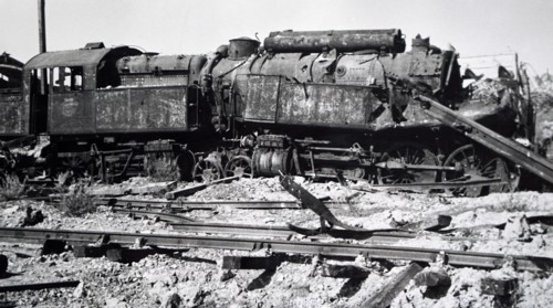 Photograph showing the wreckage of a train at Trappes, in the western suburbs of Paris, in the south-western suburbs of Paris , during the liberation of France from German occupation in the summer of ...