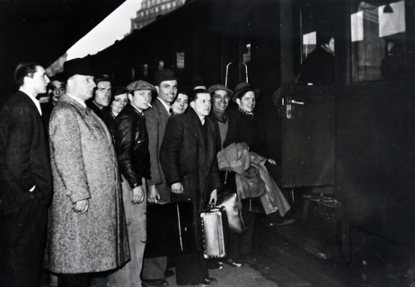 Photograph of young French men travelling by train to enlist in the military during the invasion of France in World War Two