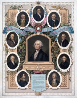 illustration of 1800 titled 'Distinguished masons of the revolution' Includes Lafayette, George Washington and Benjamin Franklin